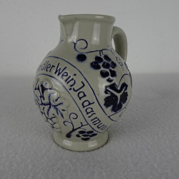 German Salt Glaze Wine Jug Pitcher 4.5" Tall Stoneware Pottery Gray & Blue - Picture 9 of 9